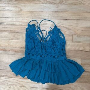 Free People Adella Blue Sleeveless Ruffled Blouse